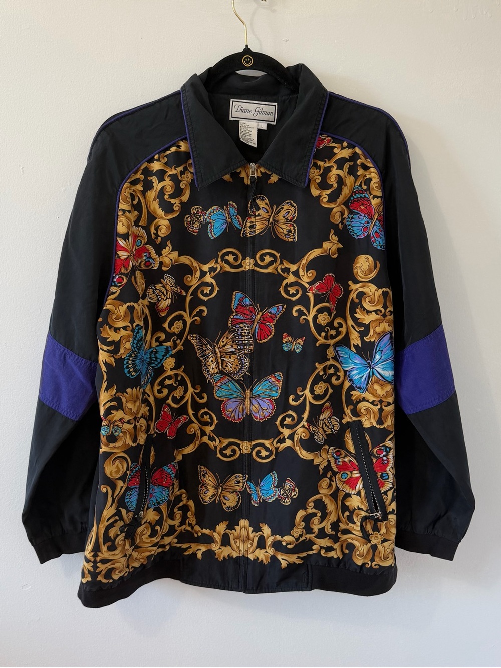 Vintage Diane Gilman Women's L Black Butterfly Print Silk Full Zip Lined Jacket